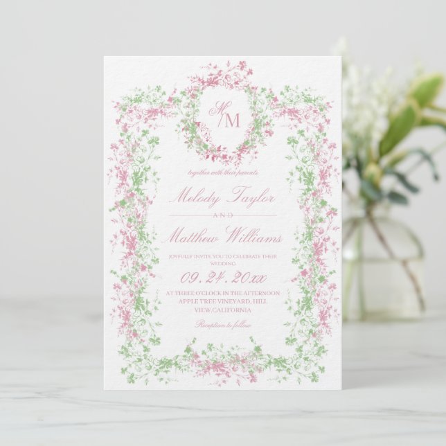 Summer Elegant Floral Monogram Wedding Invitation (Standing Front)