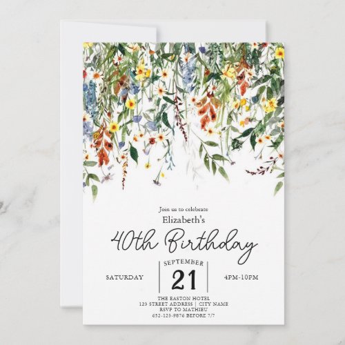 Summer Elegant Wildflowers 40th birthday  Invitation