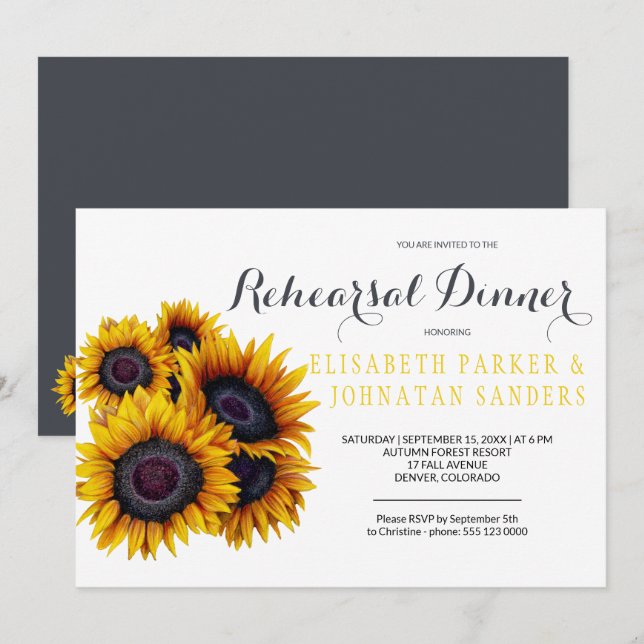 Summer Elegant Yellow Sunflowers Rehearsal Dinner Invitation (Front/Back)