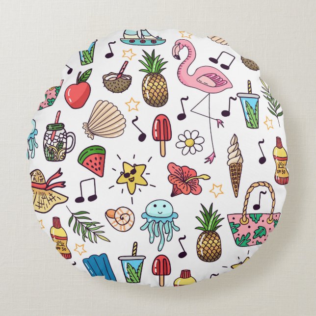 Summer Elements Vintage Seamless Pattern Round Pillow (Front)