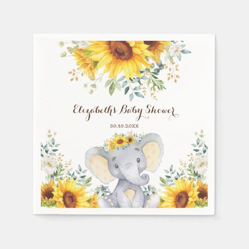 Summer Elephant Watercolor Sunflower Baby Shower Napkins