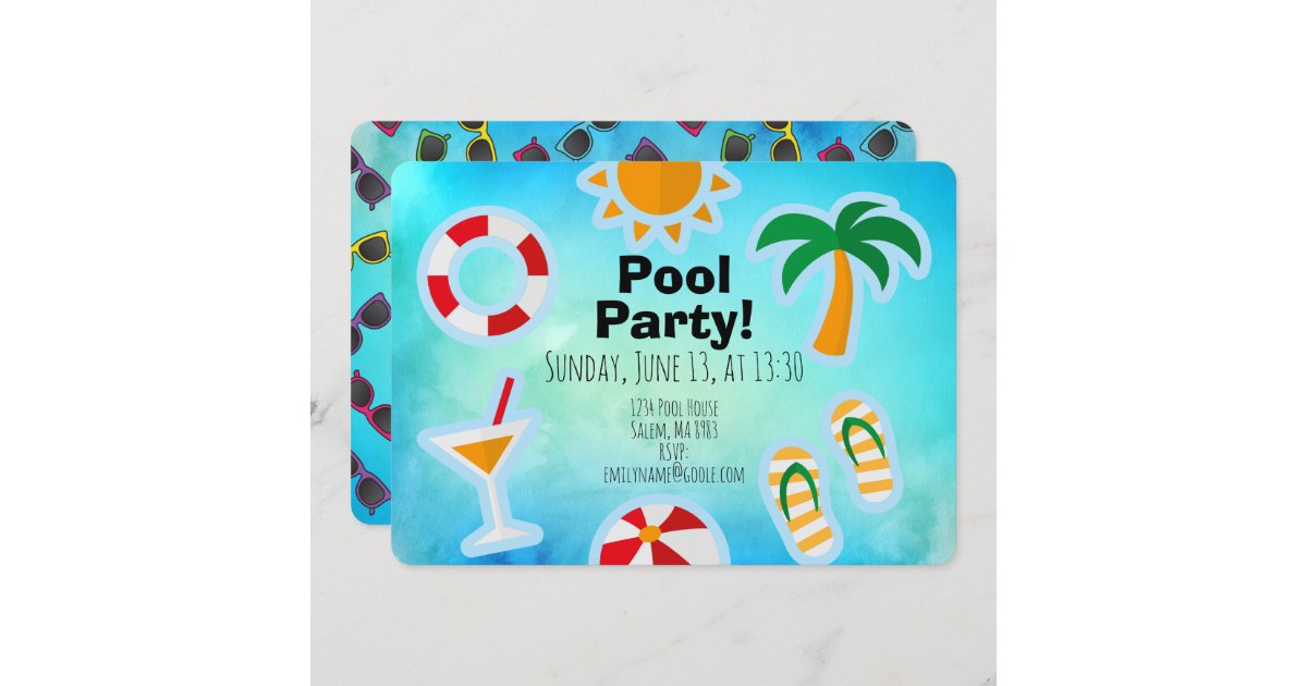 Summer Essentials Icons Pool Party Invitation | Zazzle
