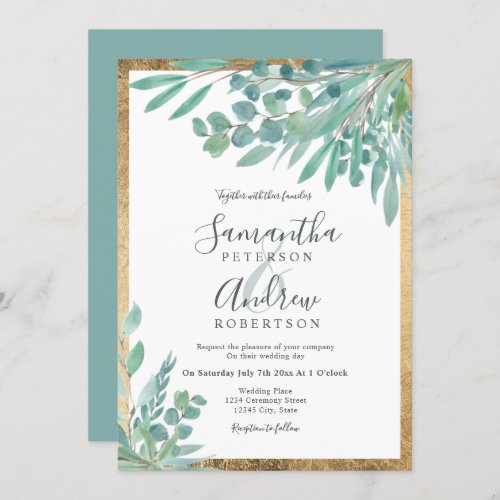 Summer Eucalyptus floral watercolor gold wedding Invitation