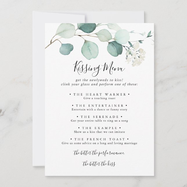 Summer Eucalyptus Wedding Kissing Menu Game Card (Front)