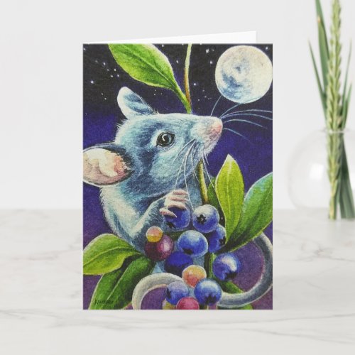Summer Evening Mouse Moon  Berries Watercolor Art Card