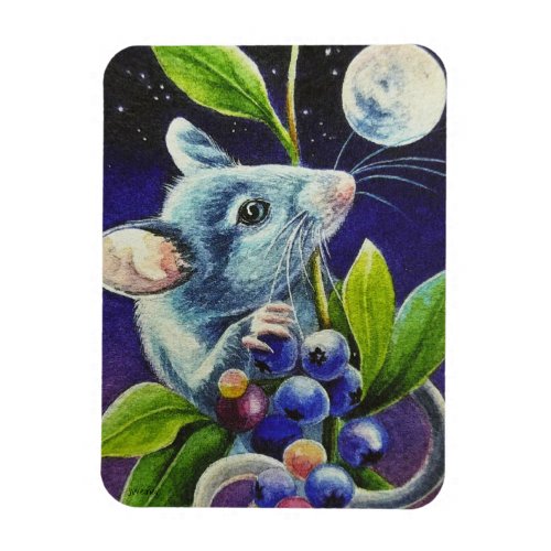 Summer Evening Mouse Moon  Berries Watercolor Art Magnet