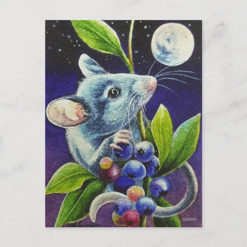 Summer Evening Mouse Moon  Berries Watercolor Art Postcard