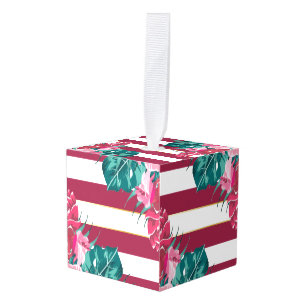 Summer Exotic burgundy Flowers striped Cube Ornament