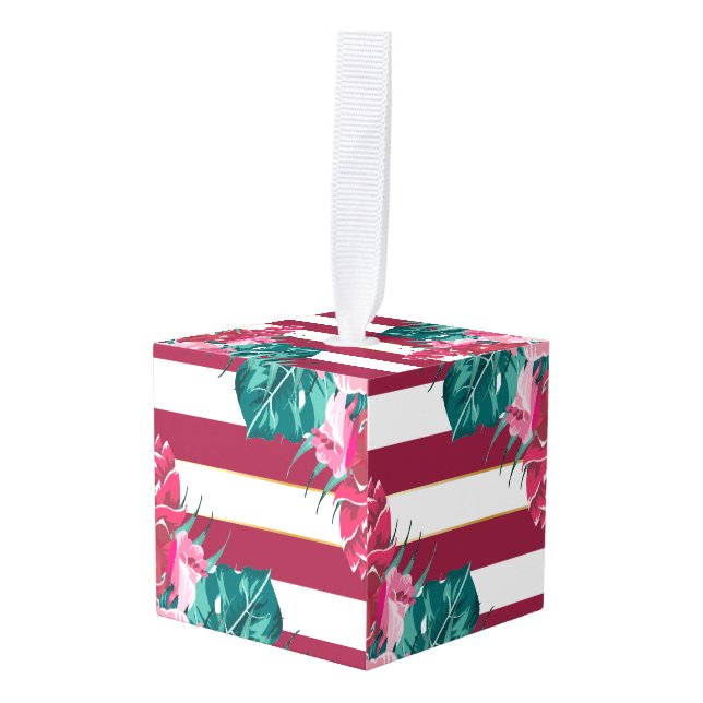 Summer Exotic burgundy Flowers striped Cube Ornament (Front Angled)