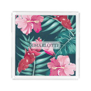 Summer Exotic Flowers Monogram Acrylic Tray