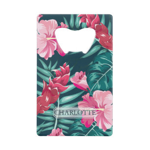 Summer Exotic Flowers Monogram Credit Card Bottle Opener