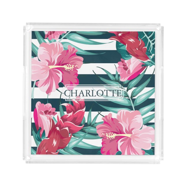 Summer Exotic Flowers Monogram striped Acrylic Tray (Front)