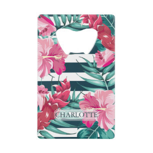 Summer Exotic Flowers Monogram striped Credit Card Bottle Opener