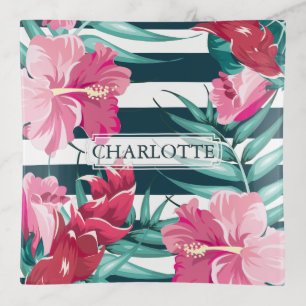 Summer Exotic Flowers monogram striped Trinket Tray
