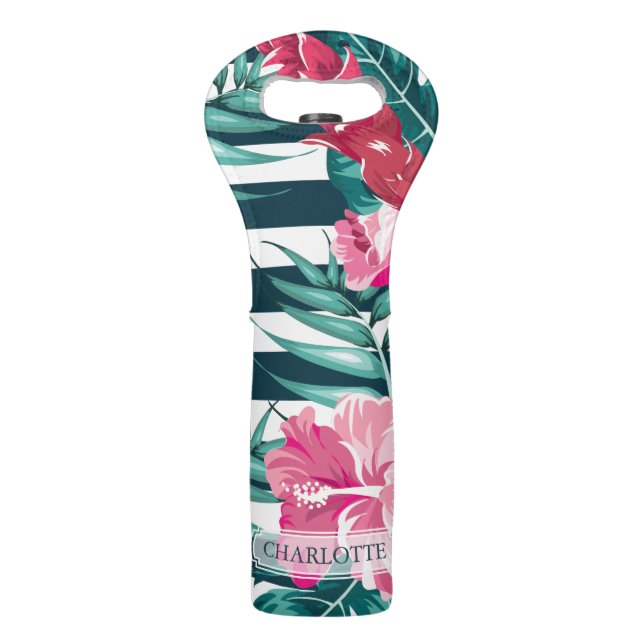 Summer Exotic Flowers Monogram striped Wine Bag (Front)