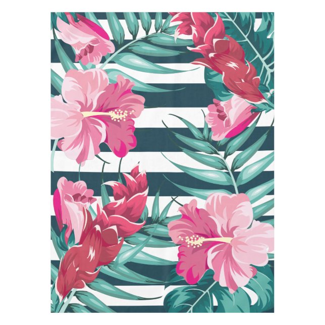 Summer Exotic Flowers striped Tablecloth (Front)