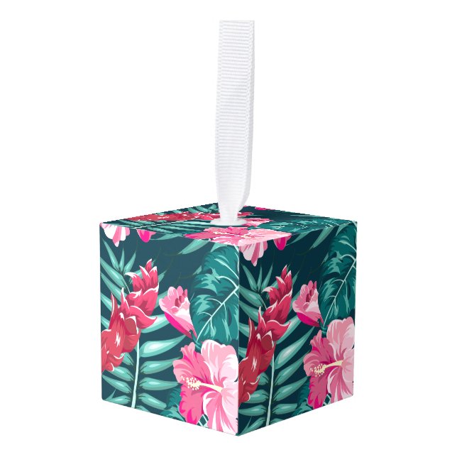 Summer Exotic Pink Flowers design Cube Ornament (Front Angled)