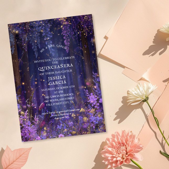 Summer Fairy Tale Enchanted Forest  Quinceañera  Invitation (PIRPLE ENCHANTED FOREST QUINCEANERA SWEET SIXTEEN BIRTHDAY INVITATION)