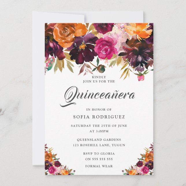 Summer Fall Burgundy Floral Fall Quinceanera Party Invitation (Front)