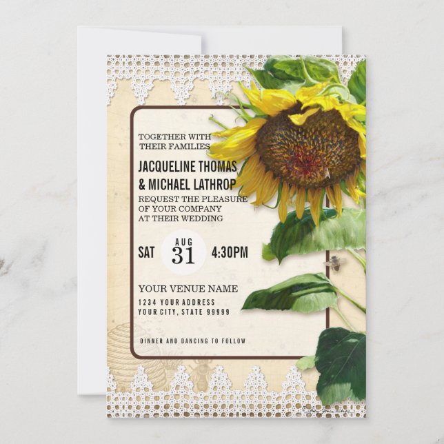 Summer Fall Sunflower Floral Rustic Wood Bees Invitation (Front)