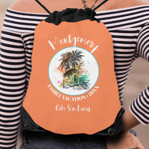 Summer Family Vacation Orange Drawstring Bag