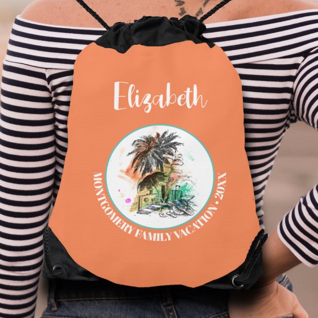 Summer Family Vacation Orange Drawstring Bag (Personalized family summer vacation lightweight drawstring backpack, perfect for travel essentials)