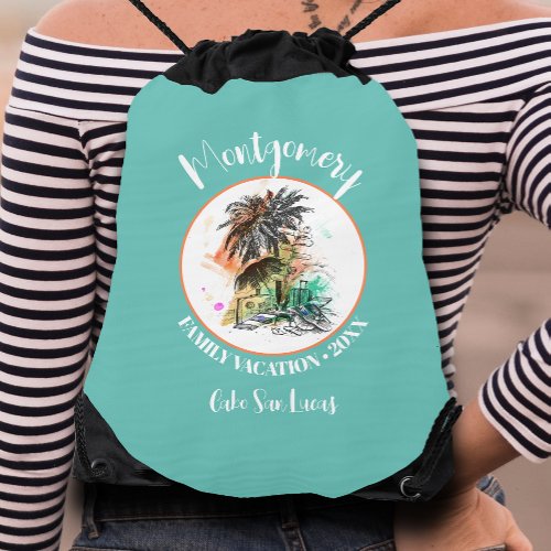 Summer Family Vacation Turquoise Drawstring Bag