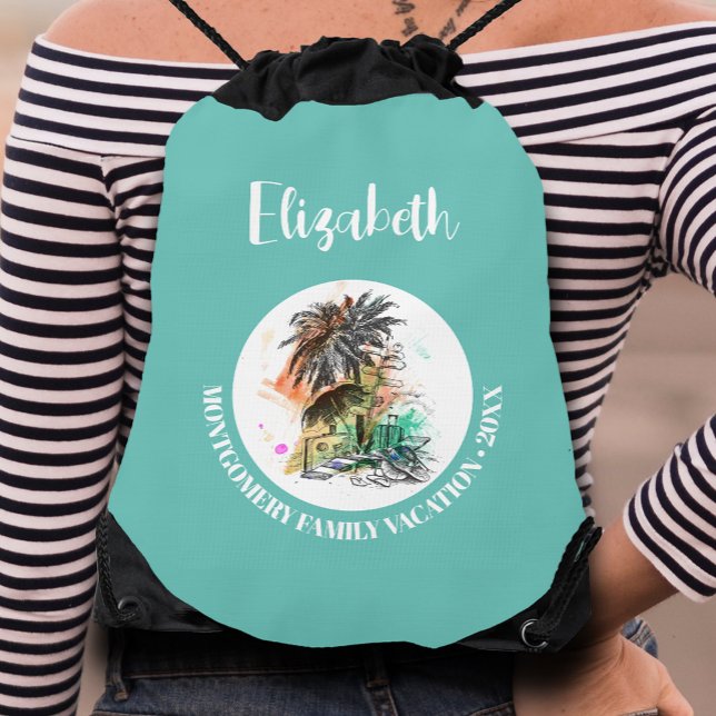 Summer Family Vacation Turquoise Drawstring Bag (Personalized family summer vacation lightweight drawstring backpack, perfect for travel essentials)