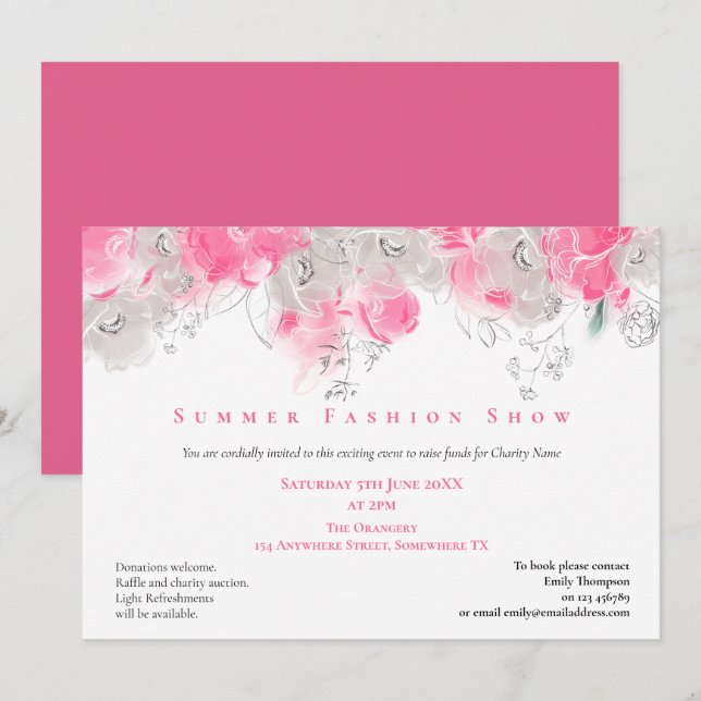 Summer Fashion Show Event Florals Pink Gray Invitation (Front/Back)