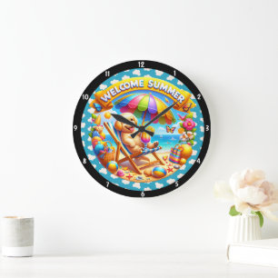 Summer Featuring Beach Scene Relaxing Puppy Large Clock