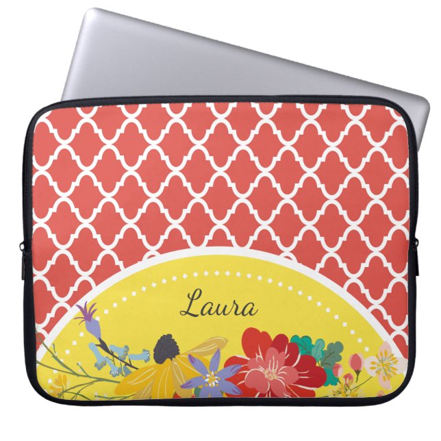 Summer Fiesta Red Floral Quatrefoil With Name Laptop Sleeve (Front)
