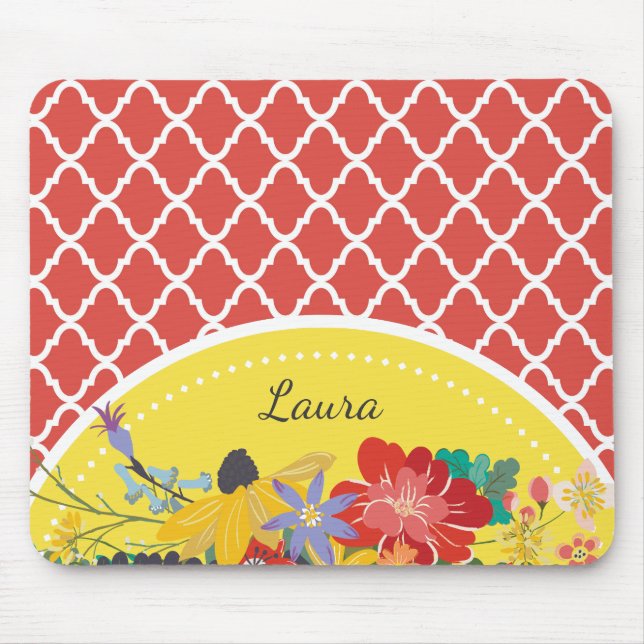 Summer Fiesta Red Floral Quatrefoil With Name Mouse Pad (Front)