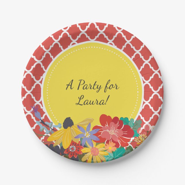 Summer Fiesta Red Floral Quatrefoil With Name Paper Plates (Front)