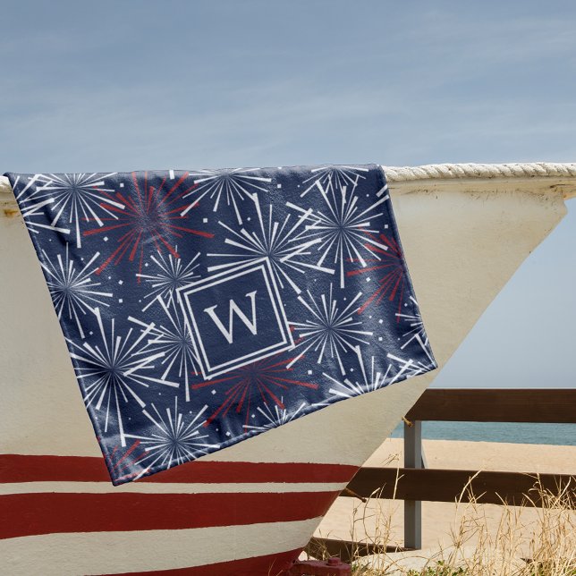 Summer Fireworks Pattern Monogram Beach Towel (Creator Uploaded)