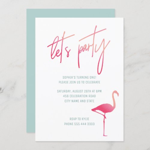 Summer first birthday pink  mint flamingo invite