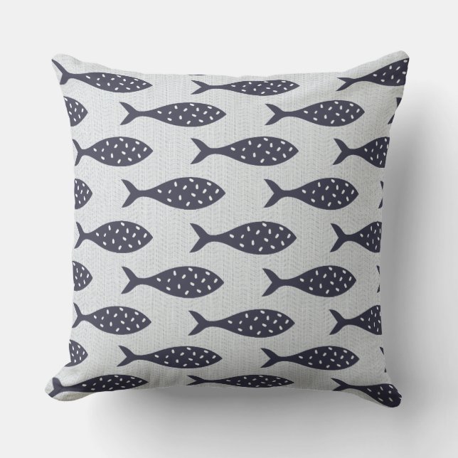 Summer Fish Textured Pattern Blue White Outdoor Pillow (Front)