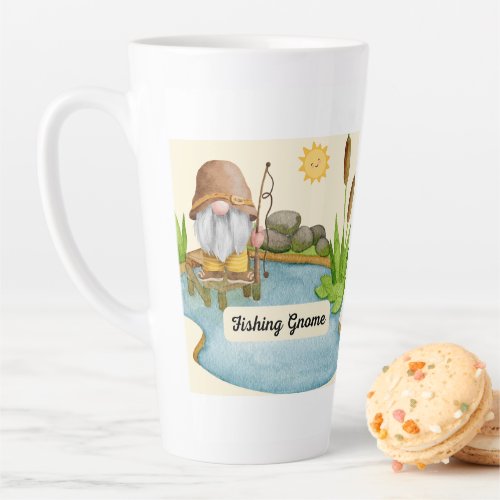  summer fishing garden gnome by a pond of water latte mug
