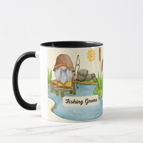  summer fishing garden gnome by a pond of water mug