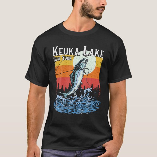 Summer Fishing Retro Sunset Keuka Lake New York T-Shirt (Front)