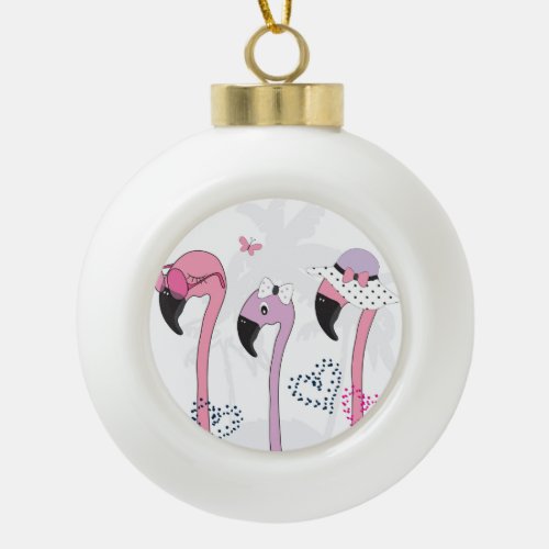 Summer Flamingo Beach Vintage Illustration Ceramic Ball Christmas Ornament