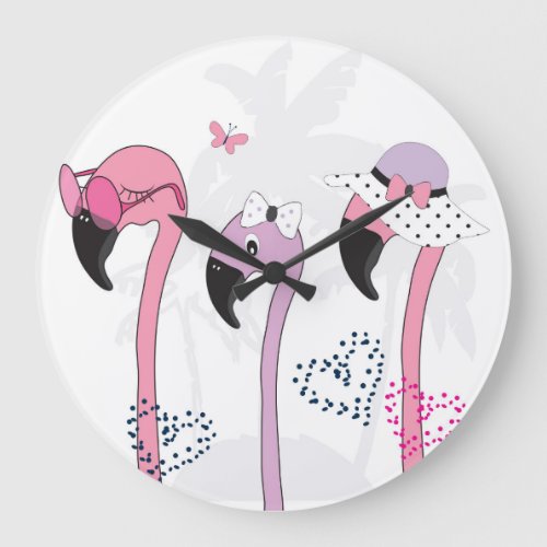 Summer Flamingo Beach Vintage Illustration Large Clock