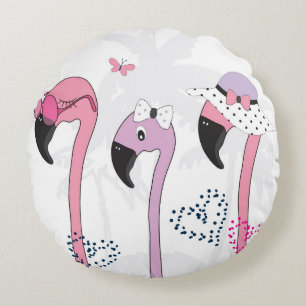 Summer Flamingo: Beach Vintage Illustration. Round Pillow
