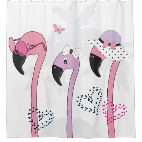 Summer Flamingo Beach Vintage Illustration Shower Curtain