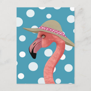 Summer Flamingo   Blue Polka Dots Decorative Postcard
