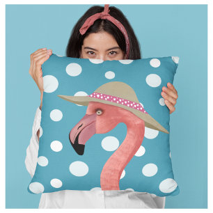 Summer Flamingo Blue Polka Dots Decorative Throw Pillow
