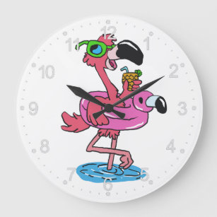 Summer Flamingo cartoon   choose background color Large Clock