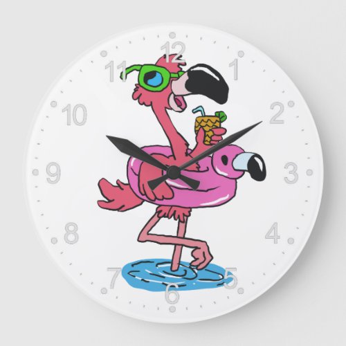 Summer Flamingo cartoon  choose background color Large Clock