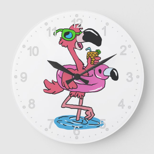 Summer Flamingo cartoon | choose background color Large Clock (Front)