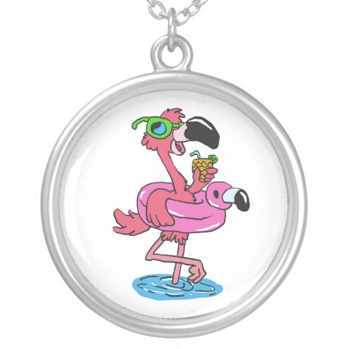 Summer Flamingo cartoon  choose background color Silver Plated Necklace