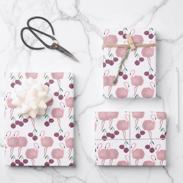 Summer Flamingo Cherries Hand Painted Watercolor  Wrapping Paper Sheets (Front)